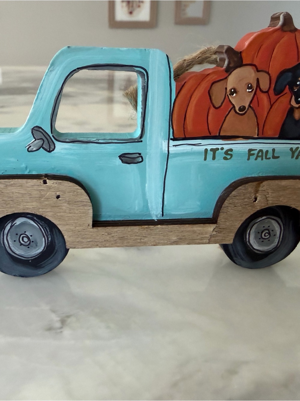 Hand-Painted Aqua Blue Truck Fall Accent Décor by